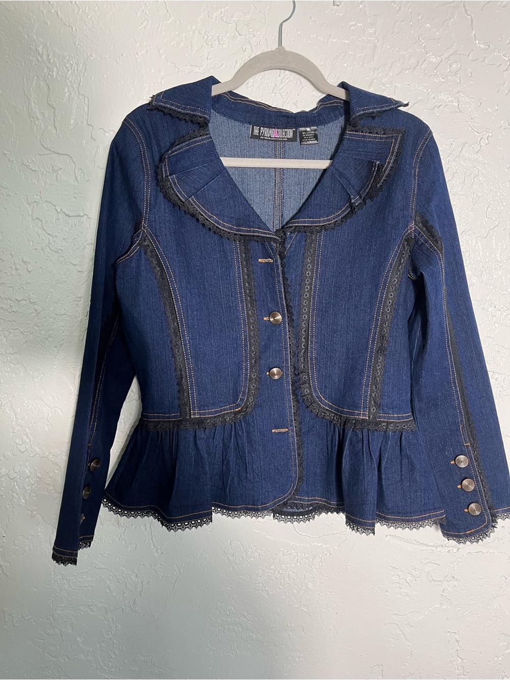 The Pyramid Collection Denim Lace Trim Peplum Jacket Size M